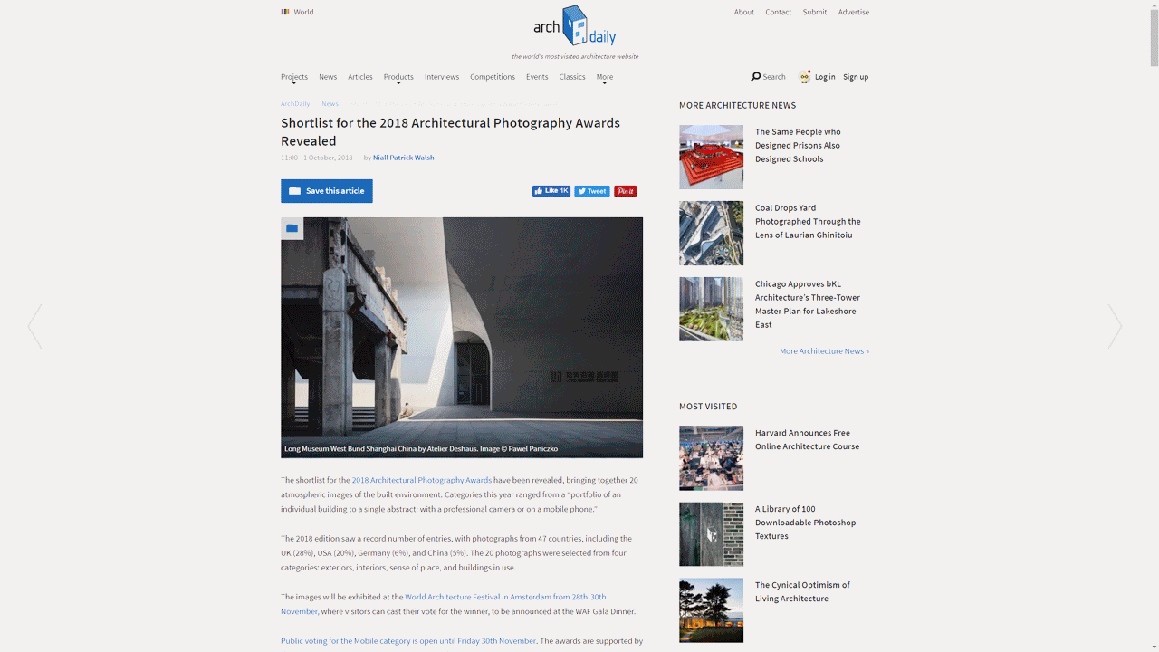 Media coverage of the Architectural Photography Awards 2018