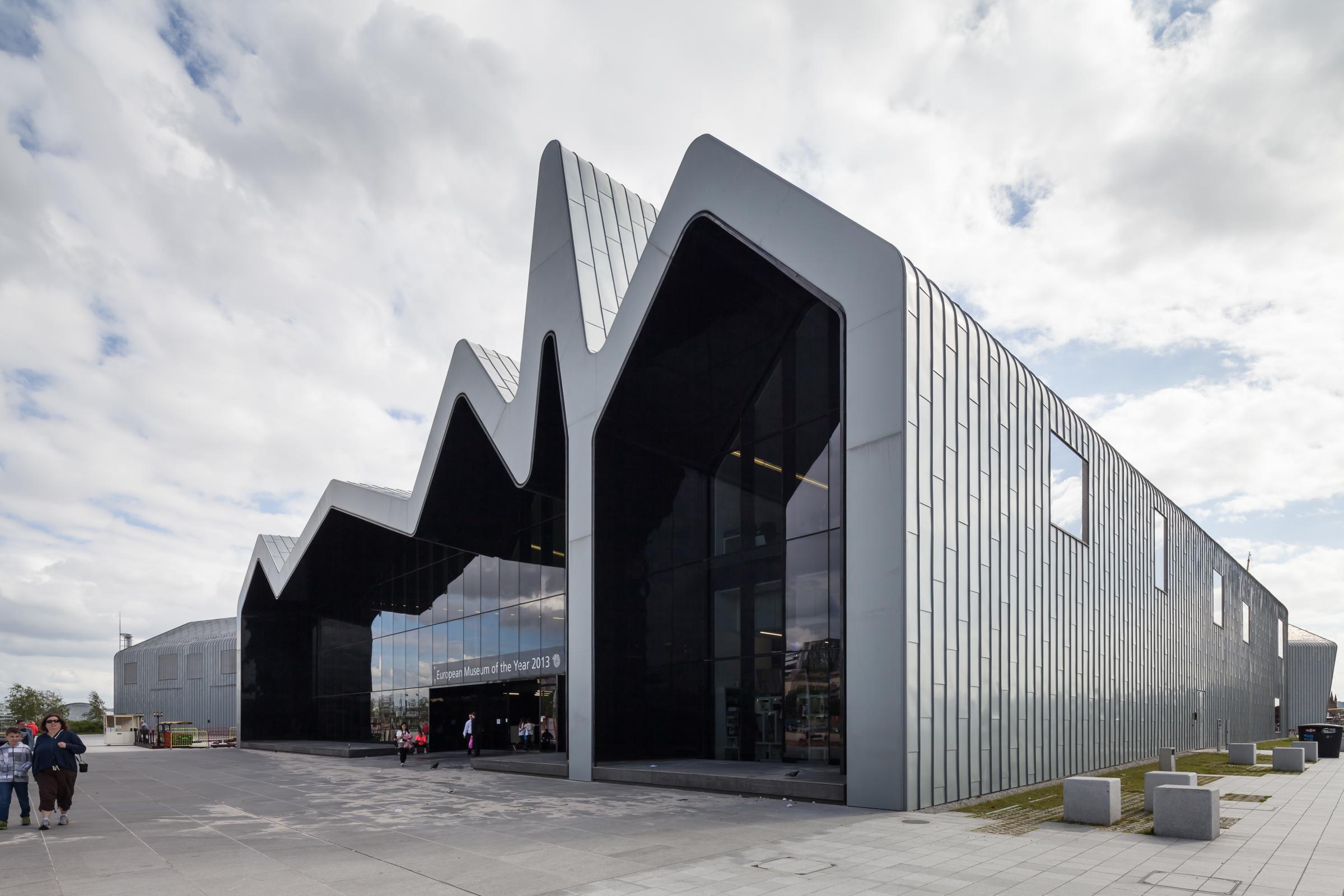 Photograph of Riverside Museum of Transport, designed by Zaha Hadid Architects and located in Glasgow, United Kingdom