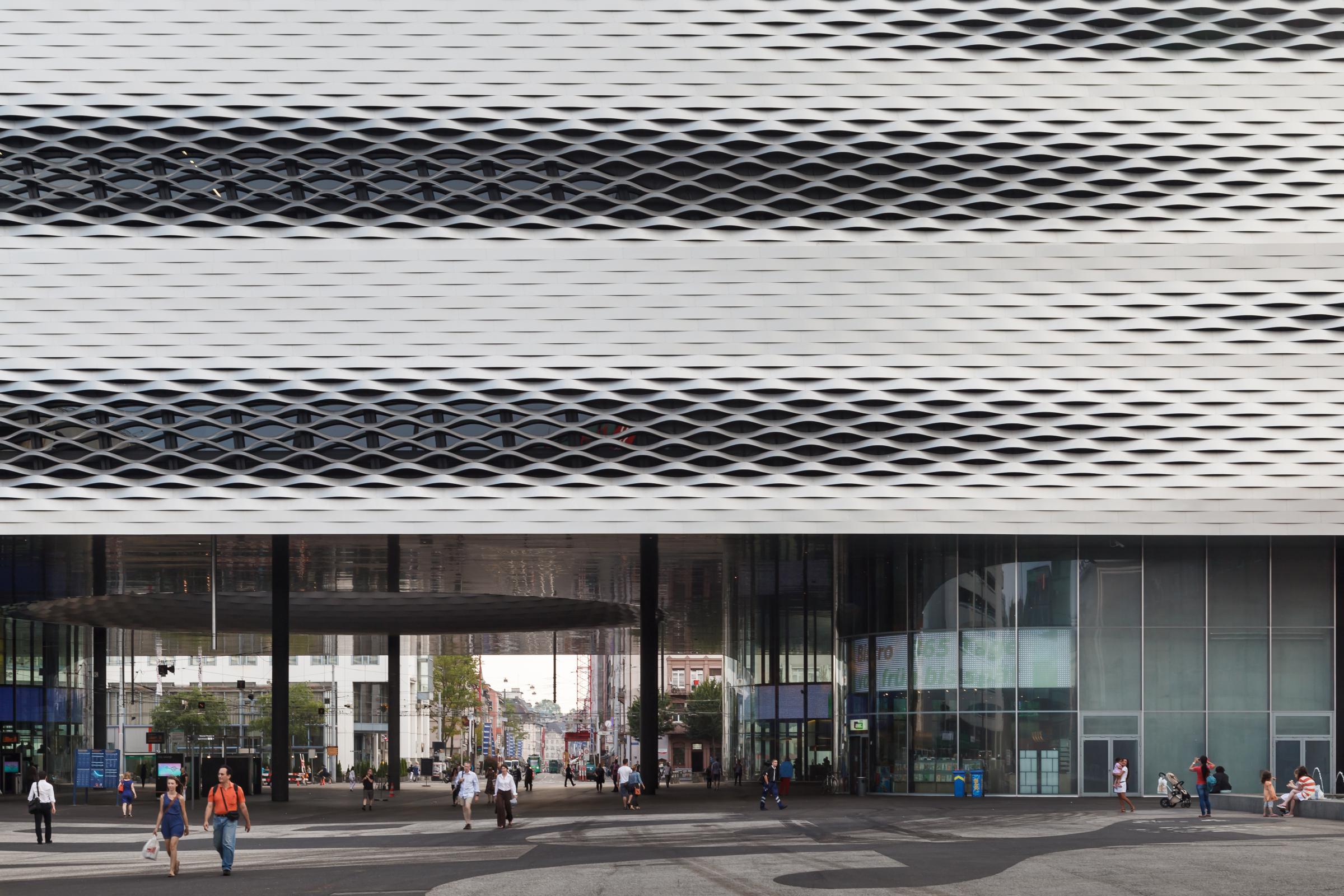 Photograph of Messe Basel New Hall, designed by Herzog & de Meuron and located in Basel, Switzerland