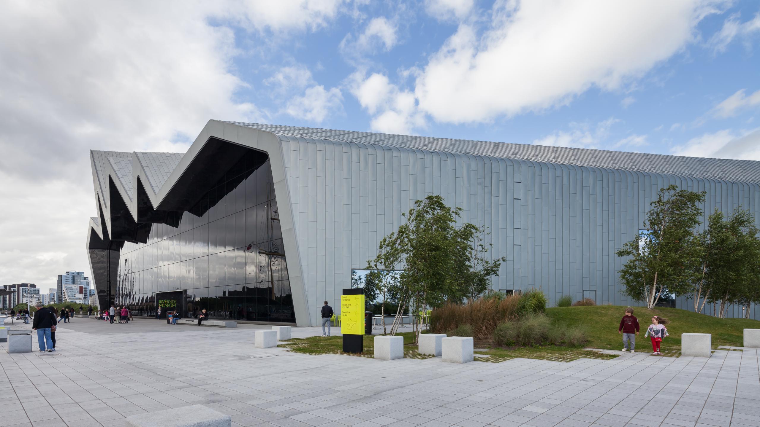 Photograph of Riverside Museum of Transport, designed by Zaha Hadid Architects and located in Glasgow, United Kingdom