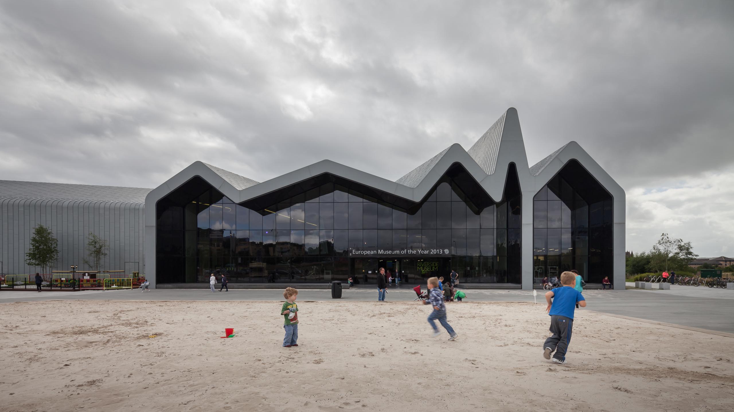 Photograph of Riverside Museum of Transport, designed by Zaha Hadid Architects and located in Glasgow, United Kingdom