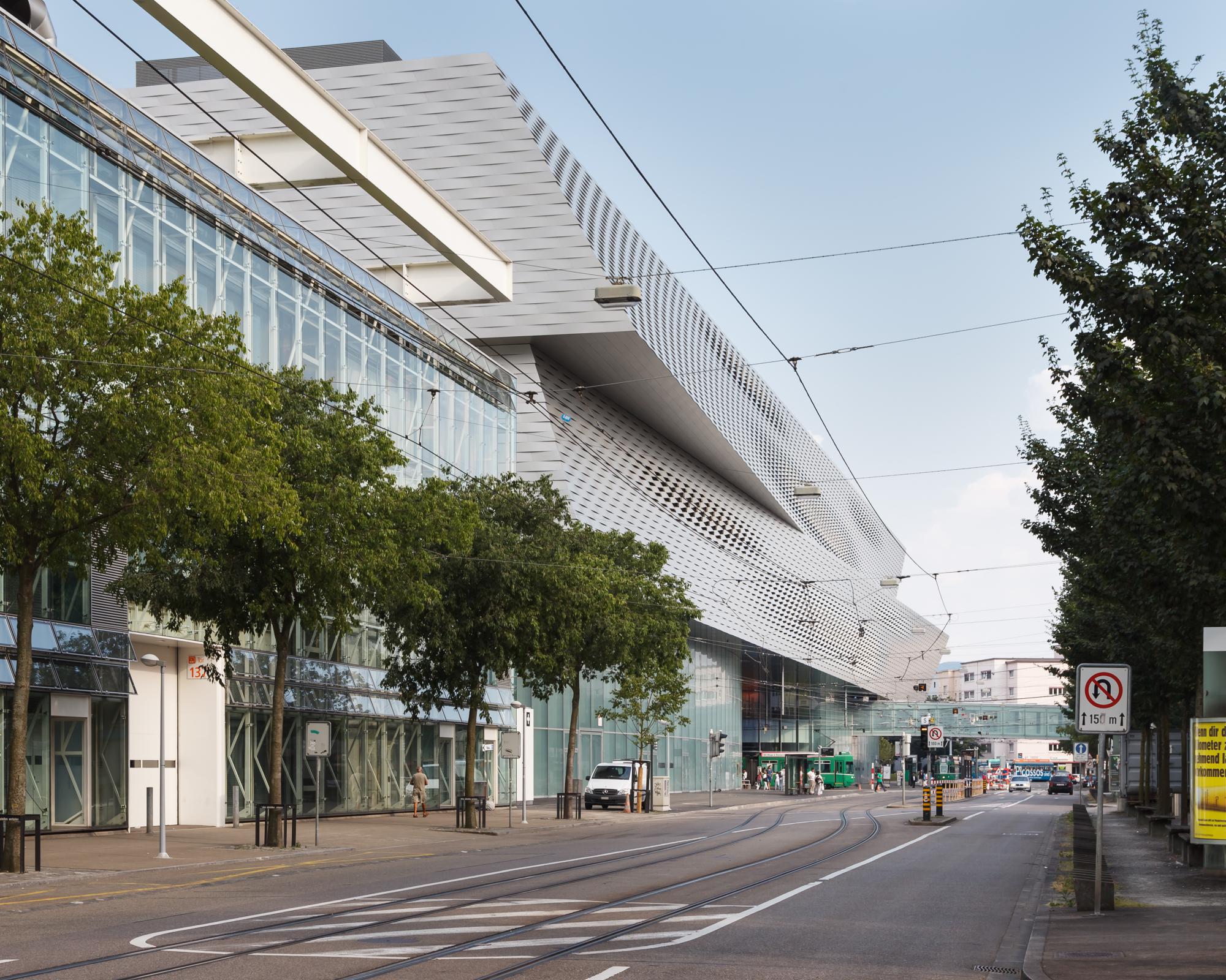Photograph of Messe Basel New Hall, designed by Herzog & de Meuron and located in Basel, Switzerland