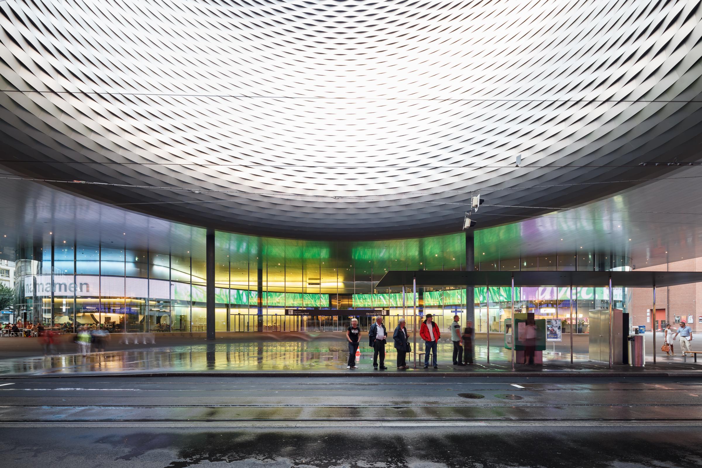 Photograph of Messe Basel New Hall, designed by Herzog & de Meuron and located in Basel, Switzerland