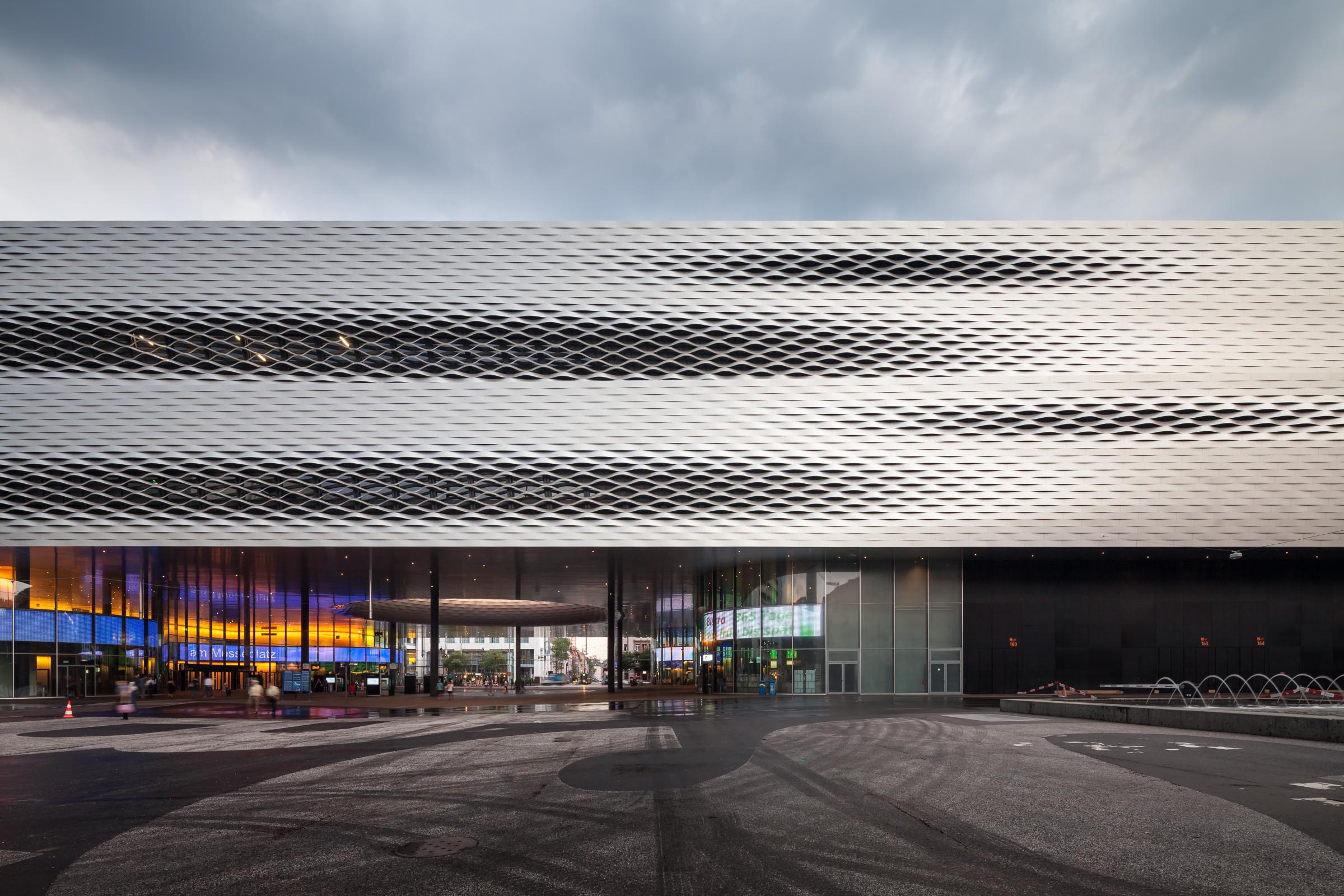 Photograph of Messe Basel New Hall, designed by Herzog & de Meuron and located in Basel, Switzerland