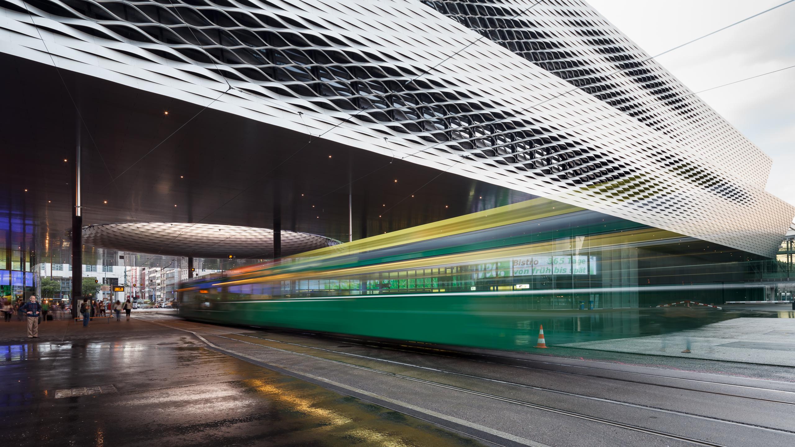 Photograph of Messe Basel New Hall, designed by Herzog & de Meuron and located in Basel, Switzerland