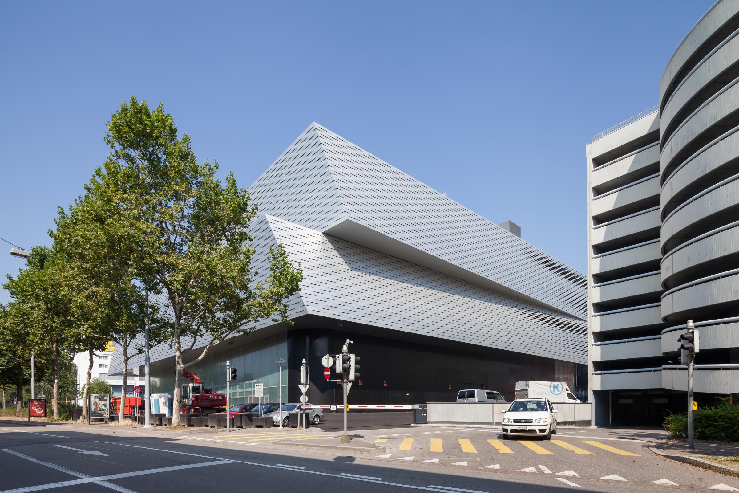 Photograph of Messe Basel New Hall, designed by Herzog & de Meuron and located in Basel, Switzerland