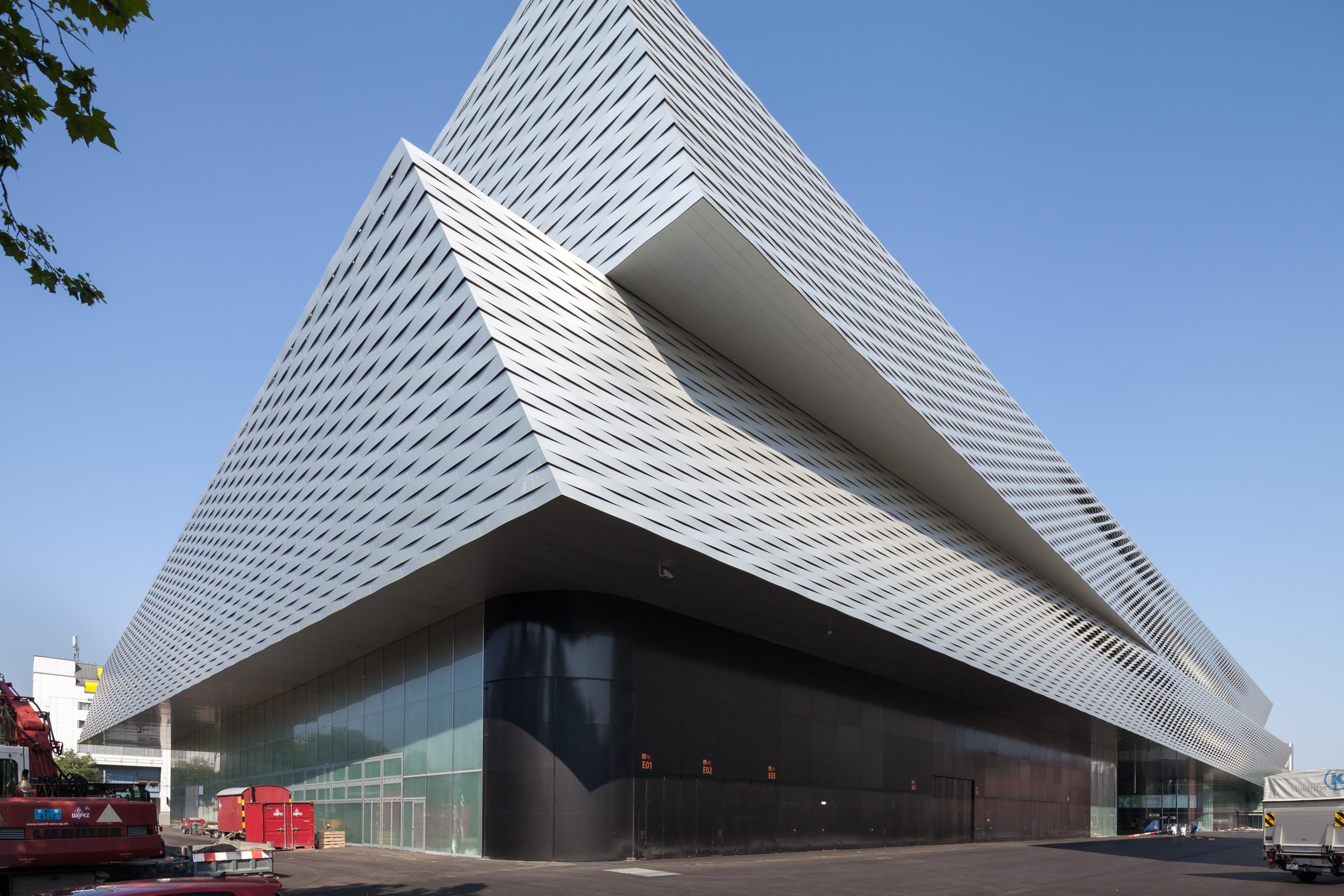 Photograph of Messe Basel New Hall, designed by Herzog & de Meuron and located in Basel, Switzerland