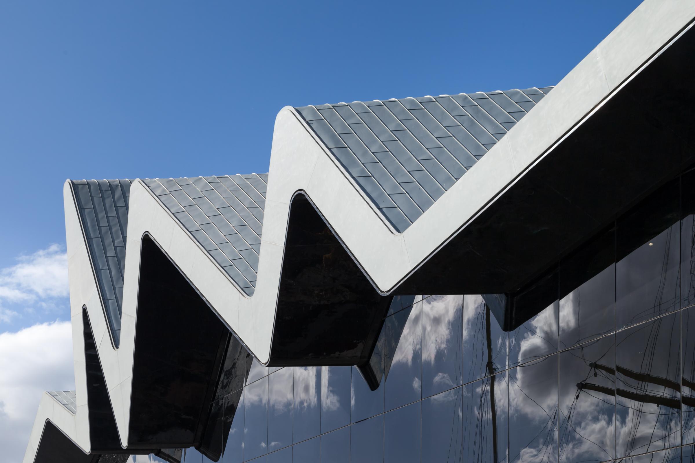 Photograph of Riverside Museum of Transport, designed by Zaha Hadid Architects and located in Glasgow, United Kingdom