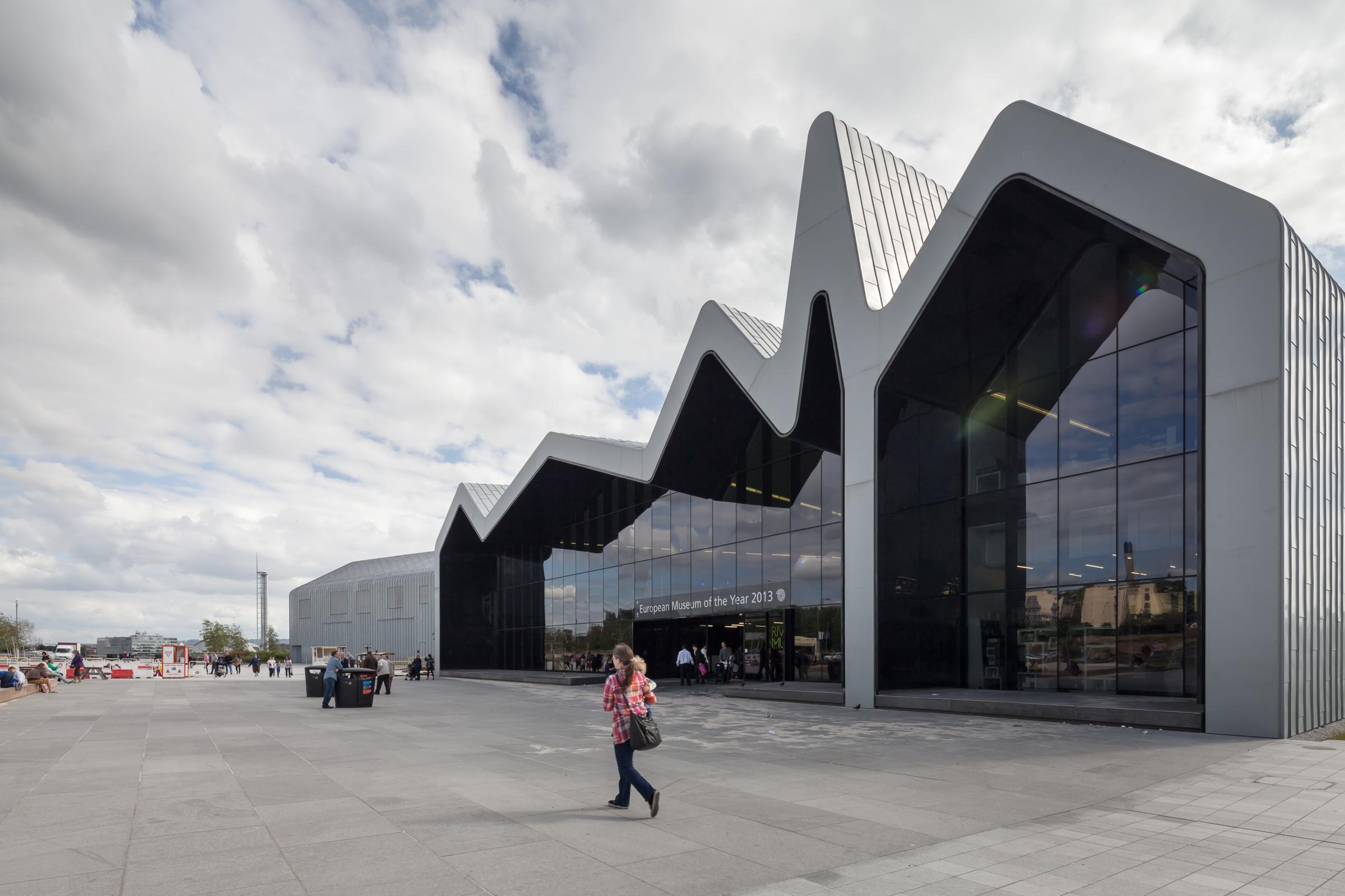Photograph of Riverside Museum of Transport, designed by Zaha Hadid Architects and located in Glasgow, United Kingdom