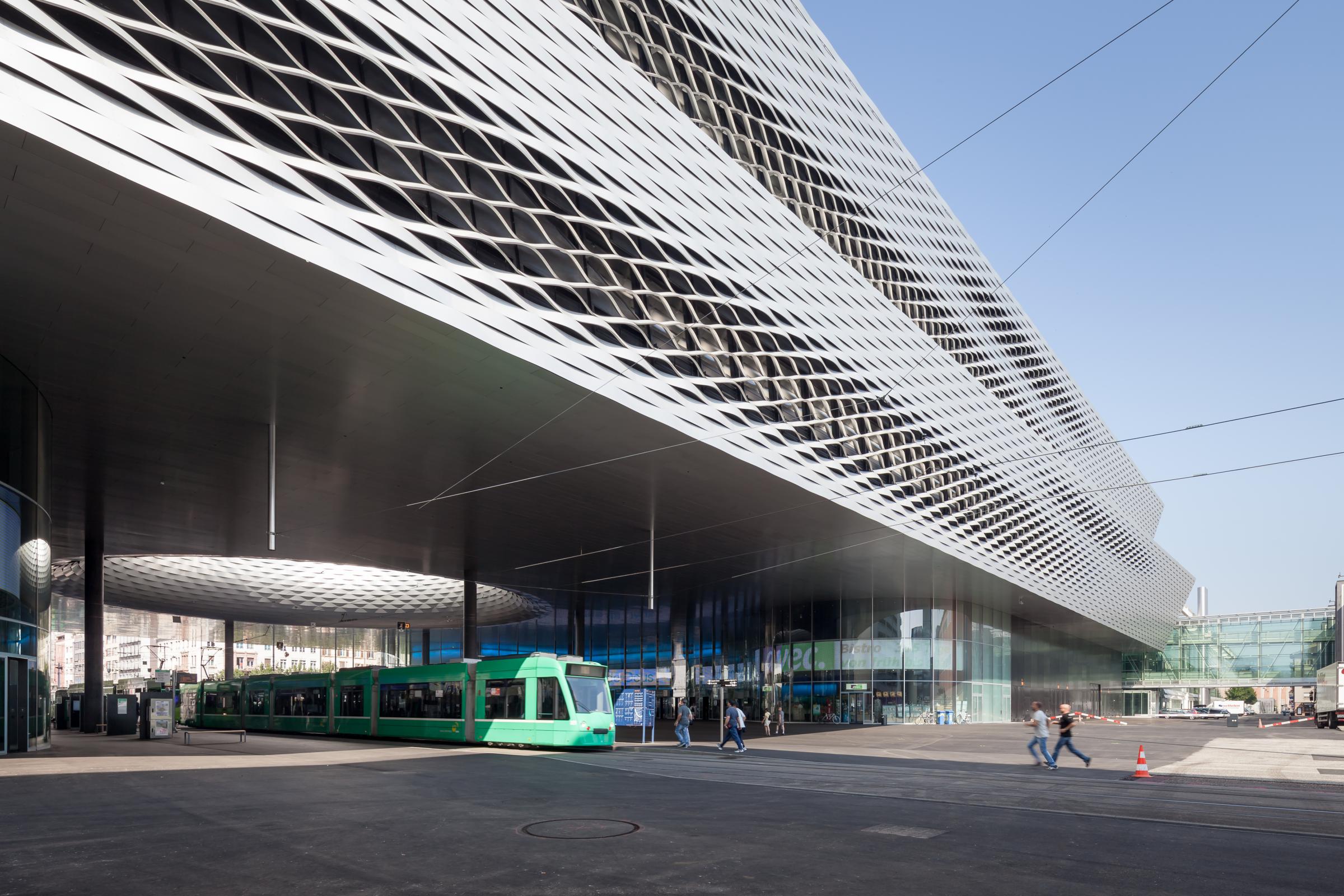 Photograph of Messe Basel New Hall, designed by Herzog & de Meuron and located in Basel, Switzerland
