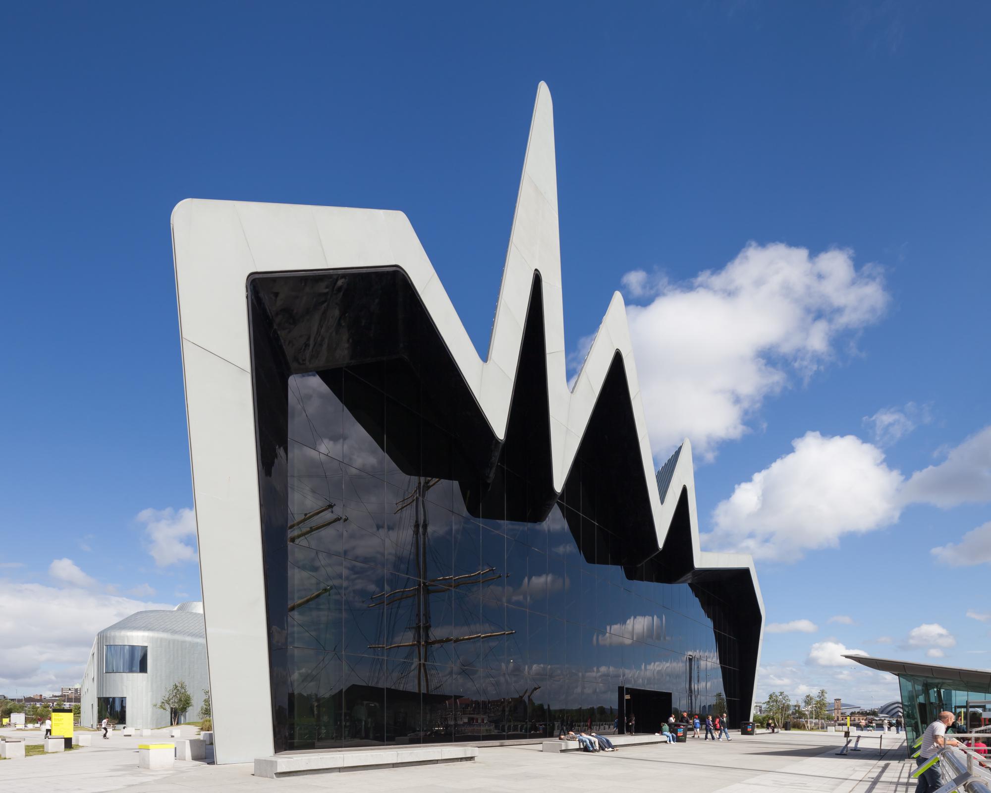 Photograph of Riverside Museum of Transport, designed by Zaha Hadid Architects and located in Glasgow, United Kingdom