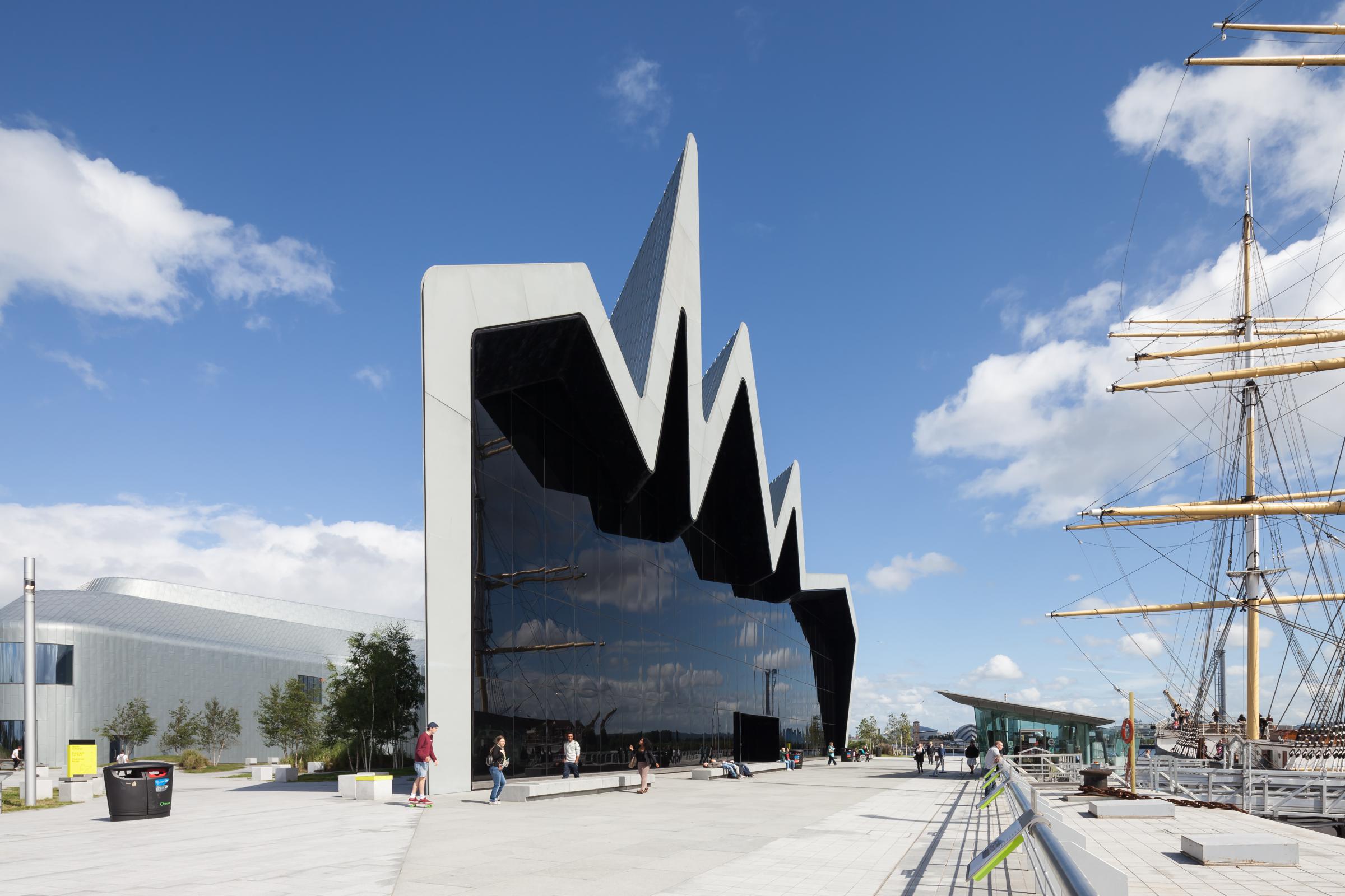 Photograph of Riverside Museum of Transport, designed by Zaha Hadid Architects and located in Glasgow, United Kingdom