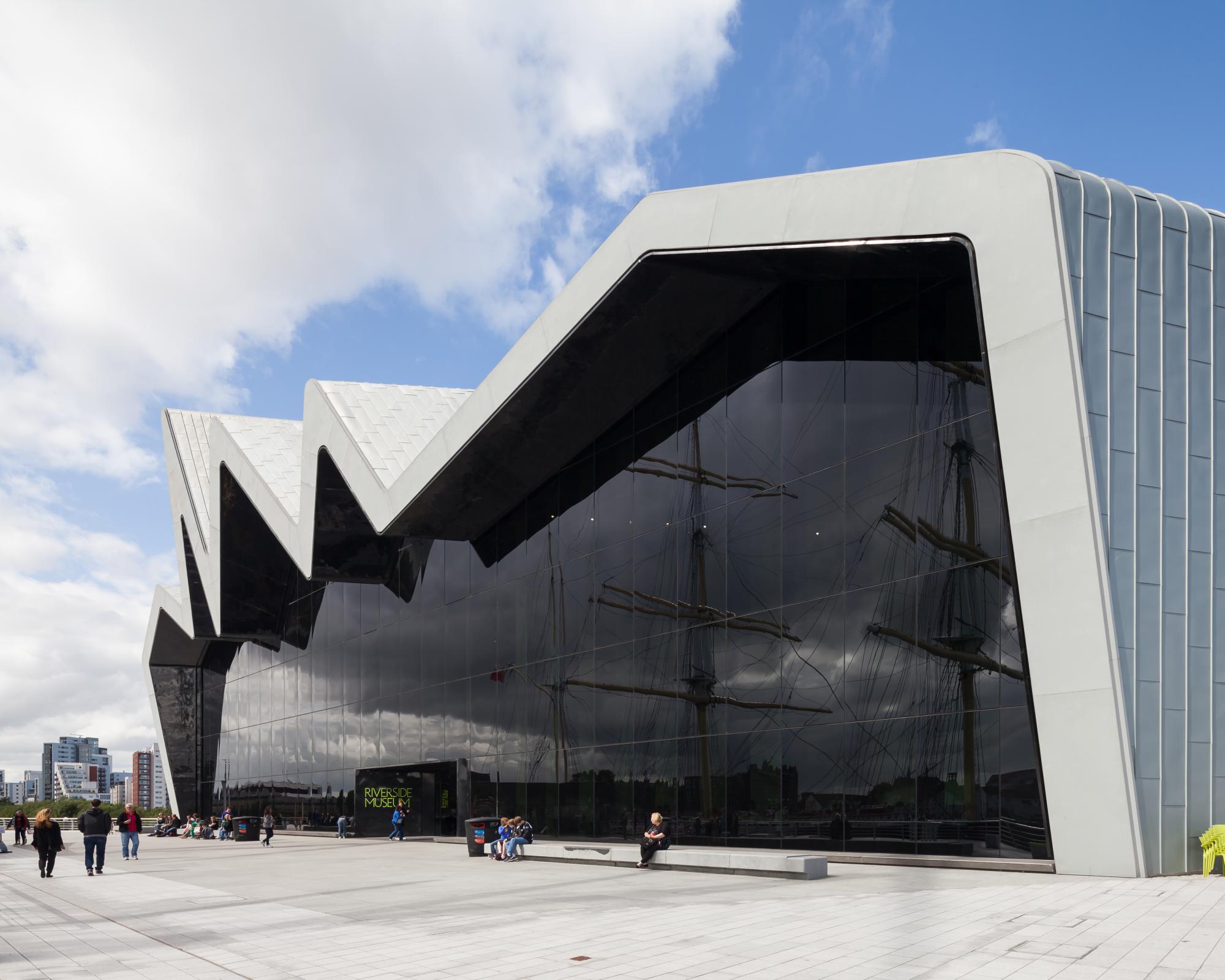 Photograph of Riverside Museum of Transport, designed by Zaha Hadid Architects and located in Glasgow, United Kingdom