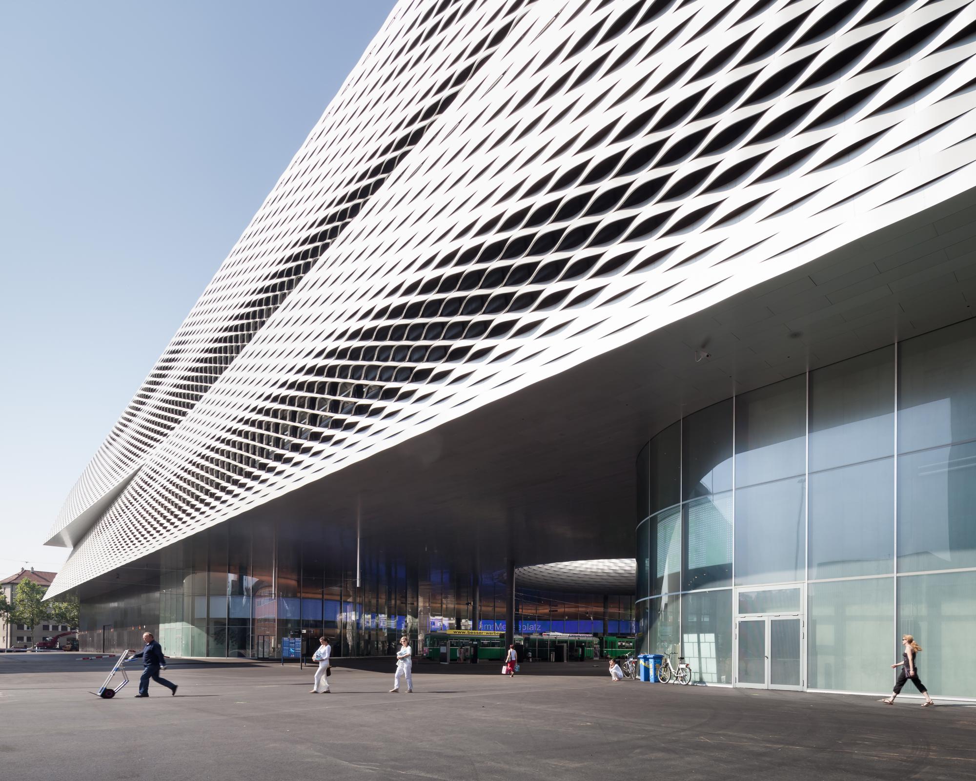 Photograph of Messe Basel New Hall, designed by Herzog & de Meuron and located in Basel, Switzerland