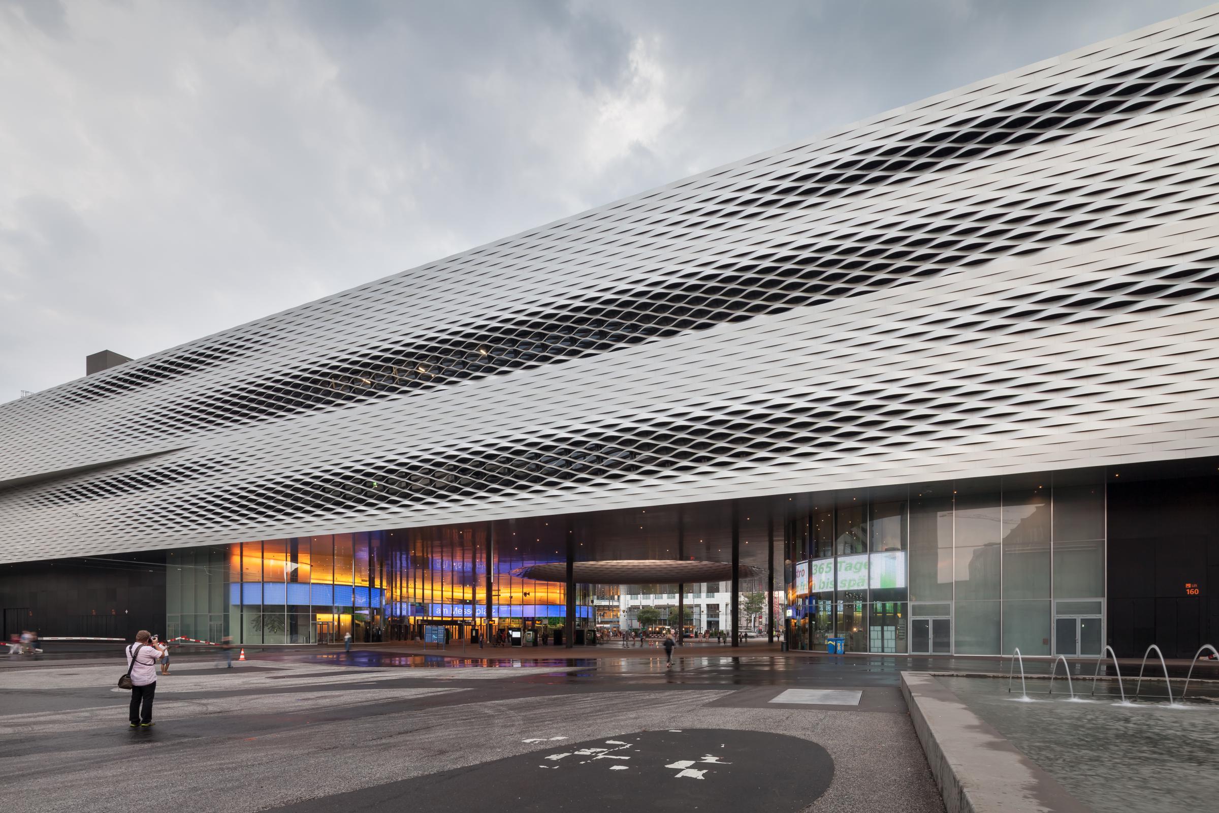 Photograph of Messe Basel New Hall, designed by Herzog & de Meuron and located in Basel, Switzerland
