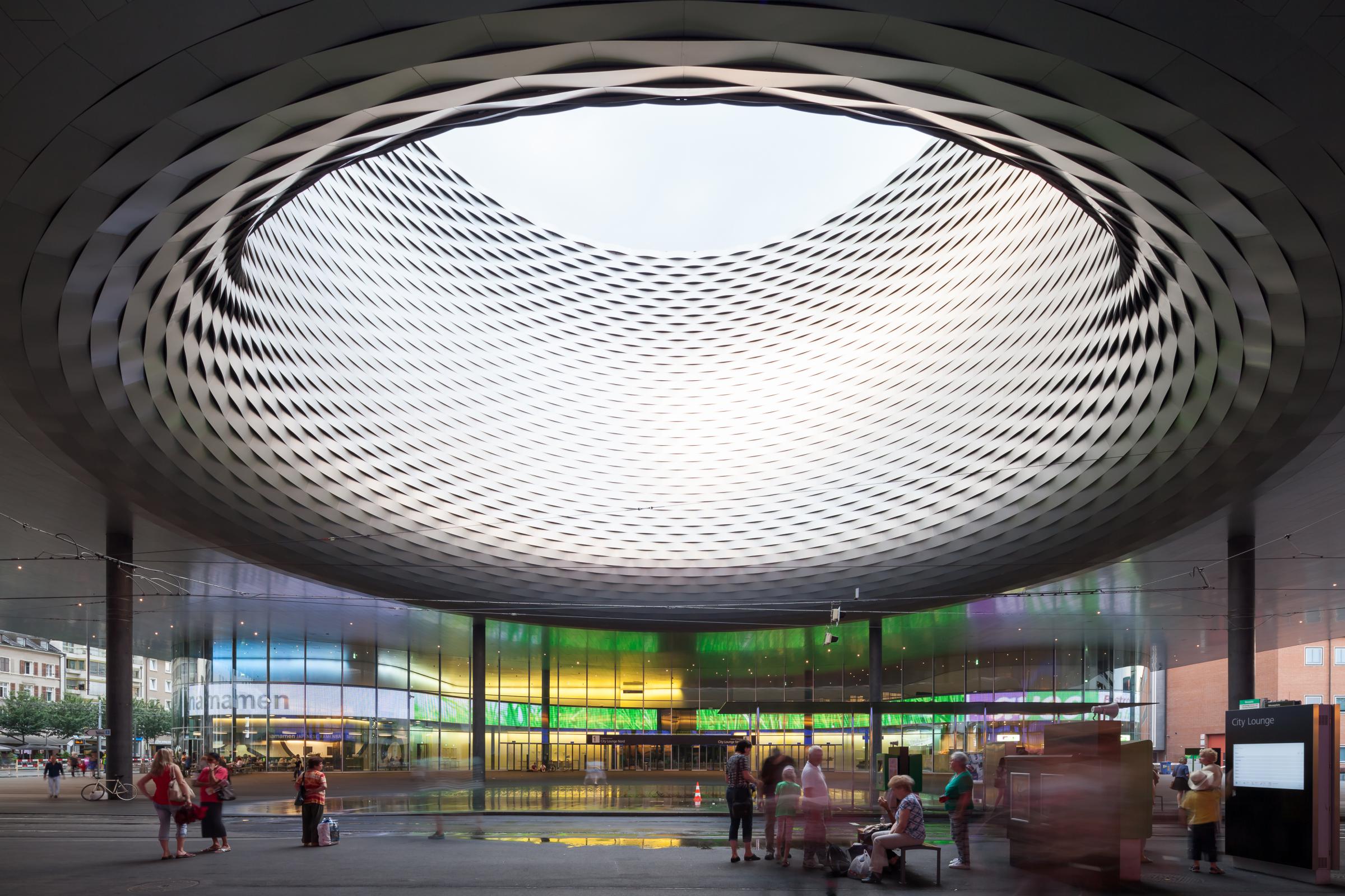 Photograph of Messe Basel New Hall, designed by Herzog & de Meuron and located in Basel, Switzerland